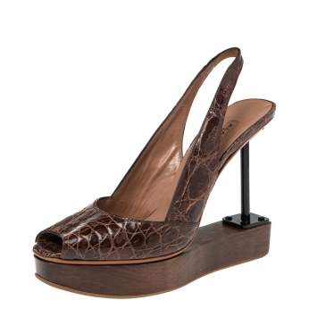 Pre Owned Alaia Brown Crocodile Leather Wooden Platform Slingback Sandals Size 39