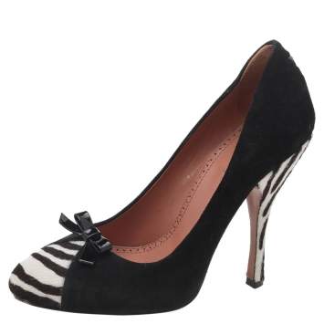 Pre Owned Alaia Black/White Suede And Zebra Print Calf Hair Bow Pumps Size 36