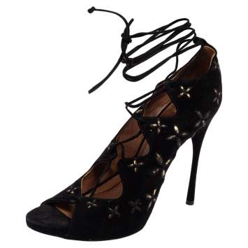 Pre Owned Alaia Black Suede Cut Out Lace Up  Ankle Wrap  Sandals Size 39