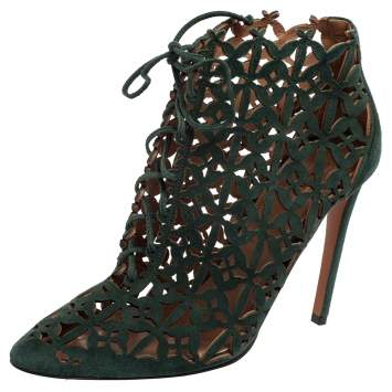 Pre Owned Alaia Green Laser Cut Suede Ankle Boots Size  39
