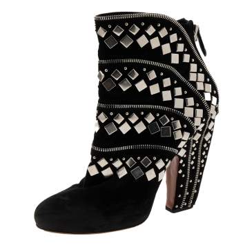 Pre Owned Alaia Black Suede Stud Embellished Block Heel Ankle Boots Size 39