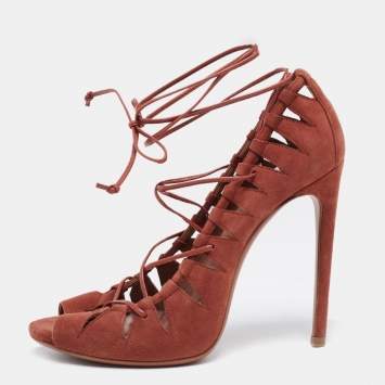 Pre Owned Alaia Brick Brown Suede Cut-Out Peep-Toe Ankle-Tie Sandals Size 39