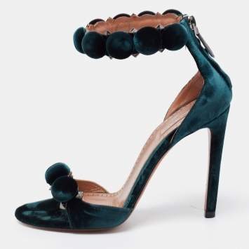 Pre Owned Alaia Green Velvet Bombe Ankle Strap Sandals Size 36