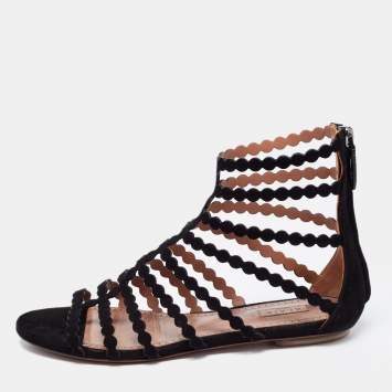 Pre Owned Alaia Black Suede Strappy Flat Sandals Size 37.5
