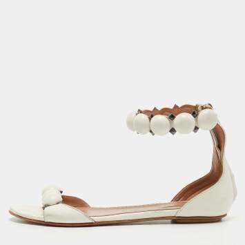 Pre Owned Alaia White Leather Bombe Flat Ankle Strap Sandals Size 38