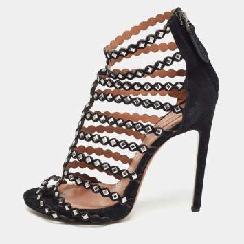 Pre Owned Alaia Black Suede  Mirror Embellished Strappy Caged Sandals Size 38.5