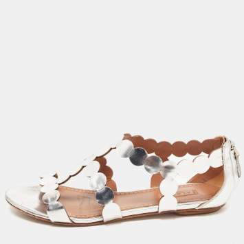 Pre Owned Alaia Silver Leather Ankle Strap Flat Sandals Size 38