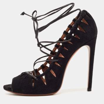 Pre Owned Alaia Black Suede Scallop Trim Open Toe Pumps Size 39.5