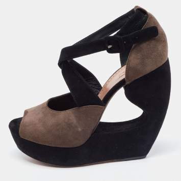 Pre Owned Alaia Brown and Black Suede Wedge Platform Ankle Strap Sandals Size 39