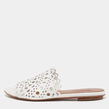Pre Owned Alaia White Leather Flat Slides Size 37  