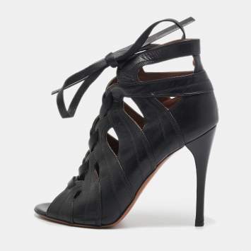 Pre Owned Alaia Black Leather Cutout Lace Up Sandals Size 39