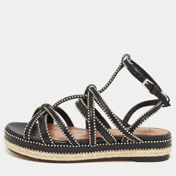 Pre Owned Alaia Black Leather Studded Strappy Espadrille Flat Sandals Size 37