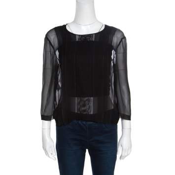 Pre Owned Alberta Ferretti Black Sheer Silk Lace Panel Detail Pleat Front Blouse M