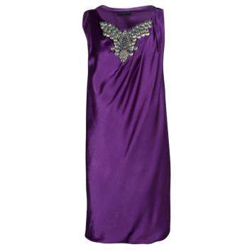 Pre Owned Alberta Ferretti Purple Silk Embellished Sleeveless Dress M