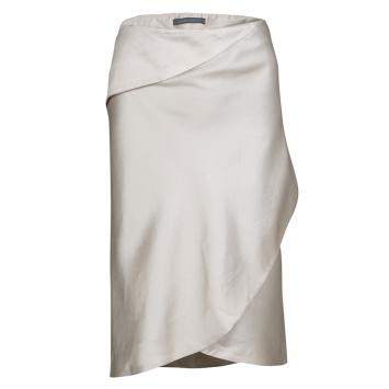 Pre Owned Alberta Ferretti Beige Slub Cotton and Silk Draped Asymmetric Pencil Skirt L