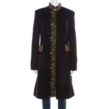 Pre Owned Alberta Ferretti Black and Gold Embellished Felted Wool Stand Collar Overcoat M