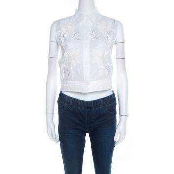 Pre Owned Alberta Ferretti Off White Floral Embroidered Sheer Cotton Sleeveless Crop Shirt S