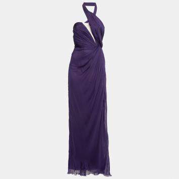 Pre Owned Alberta Ferretti Purple Ruched Silk One Shoulder Evening Gown S