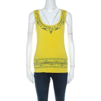Pre Owned Alberta Ferretti Yellow Paisley Printed Cotton Sequin Detail Top L 