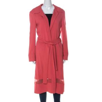Pre Owned Alberta Ferretti Coral Pink Sheer Panel Insert Belted Long Coat M