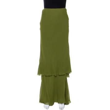 Pre Owned Alberta Ferretti Green Silk Crepe Tiered Skirt M