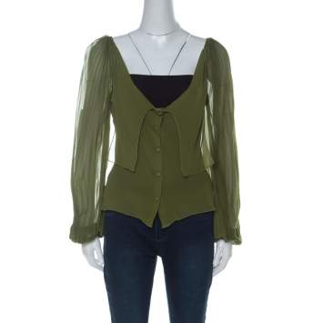 Pre Owned Alberta Ferretti Olive Green Silk Pleated Sleeve Detail Button Front Blouse M 