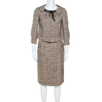 Pre Owned Alberta Ferretti Brown Tweed Short Blazer and Knee Length Skirt Set S