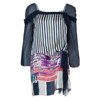 Pre Owned Alberta Ferretti Multicolor Print Sheer Sleeve Silk Blouse M