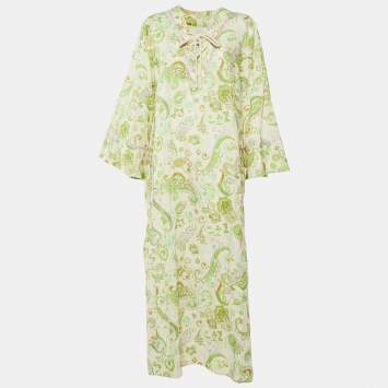 Pre Owned Alemais Cream/Green Paisley Print Linen Marta Pool Dress XL