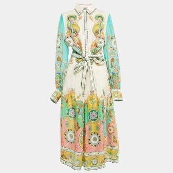 Pre Owned ALEMAIS Multicolor Printed Ramie Pinball Shirt Dress L