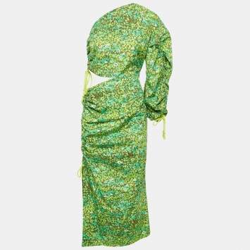 Alemais Green Abstract Print Cotton One-Shoulder Ruched Phyllis Dress M