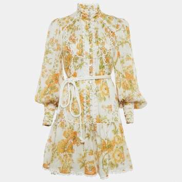 Pre Owned Alemais Yellow/Multicolor Floral Print Ramie Belted Flounce Mini Dress M