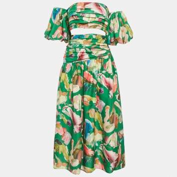 Pre Owned Alemais Green Abstract Print Silk Arlo Top and Midi Skirt Set M