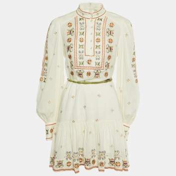 Alemais Cream Floral Embroidered Cotton Lovella Mini Dress M