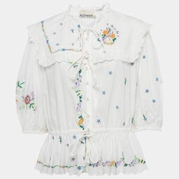 Pre Owned Alemais White Floral Embroidery Cotton Ruffled Blouse L