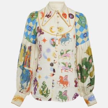 Pre Owned Alémais Cream All-Over Graphic Print Linen Lou Balloon Sleeve Shirt S