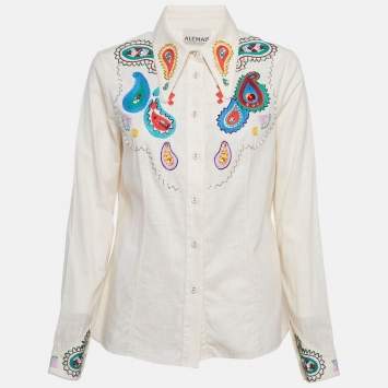 Pre Owned Alemais Cream Linen Embroidered Long Sleeve Shirt M