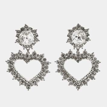 Pre Owned Alessandra Rich Heart Crystals Silver Tone Earrings