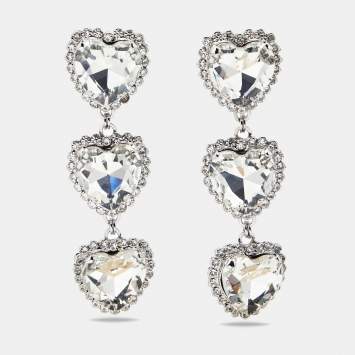 Pre Owned Alessandra Rich Hearts Crystals Silver Tone Drop Earrings