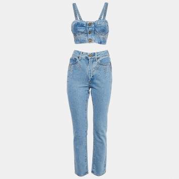 Pre Owned Alessandra Rich Blue Crystal Embellished Denim Corset and Jeans Set S Waist 25"