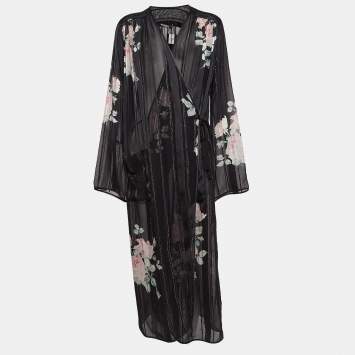 Pre Owned Alessandra Rich Black Floral Print Lurex Silk Maxi Wrap Dress M