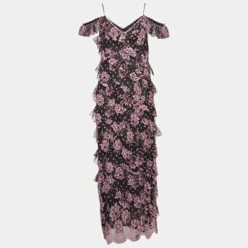 Pre Owned Alessandra Rich Black Floral Lace Ruffled Mid Dress M