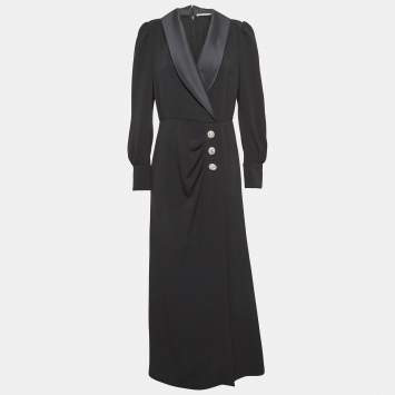 Pre Owned Alessandra Rich Black Satin Trim Crepe Hollywood Crystal Detail Maxi Dress M