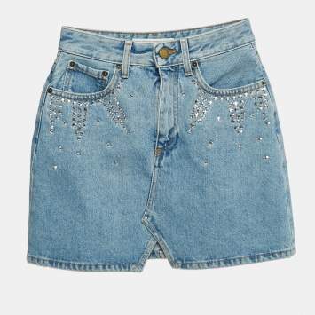 Pre Owned Alessandra Rich Blue Embellished Denim Mini Skirt S Waist 26"