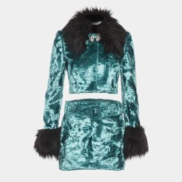 مملوكة مسبقًا Alessandra Rich Green Velvet Fur Trim Jacket and Mini Skirt Suit S