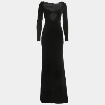 Pre Owned Alessandra Rich Black Velvet Cut-Out Long Sleeve Slit Gown S