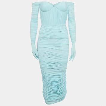 Pre Owned Alex Perry Blue Jersey Strapless Ruche Maxi Dress With Gloves S
