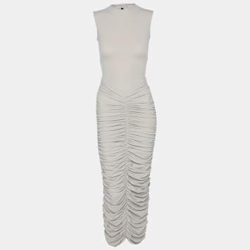 Pre Owned Alex Perry Grey Stretch Knit Ruched Column Long Dress S