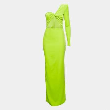 Alex Perry Lime Green Velvet Cut-Out Detail One Shoulder Maxi Dress M