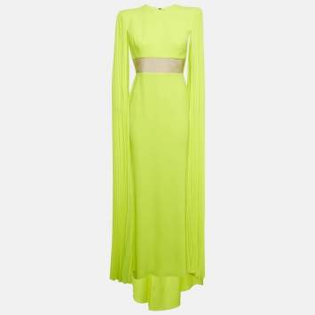 Pre Owned Alex Perry Neon Green Crepe Shoulder Drape Raina Maxi Dress M